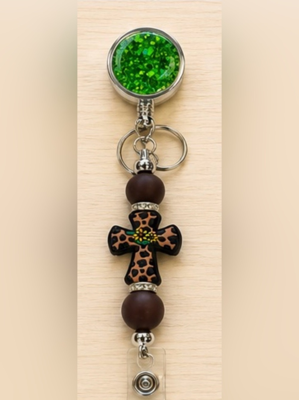 Brown Leopard Cross Keycard Lanyard with Bead Accent